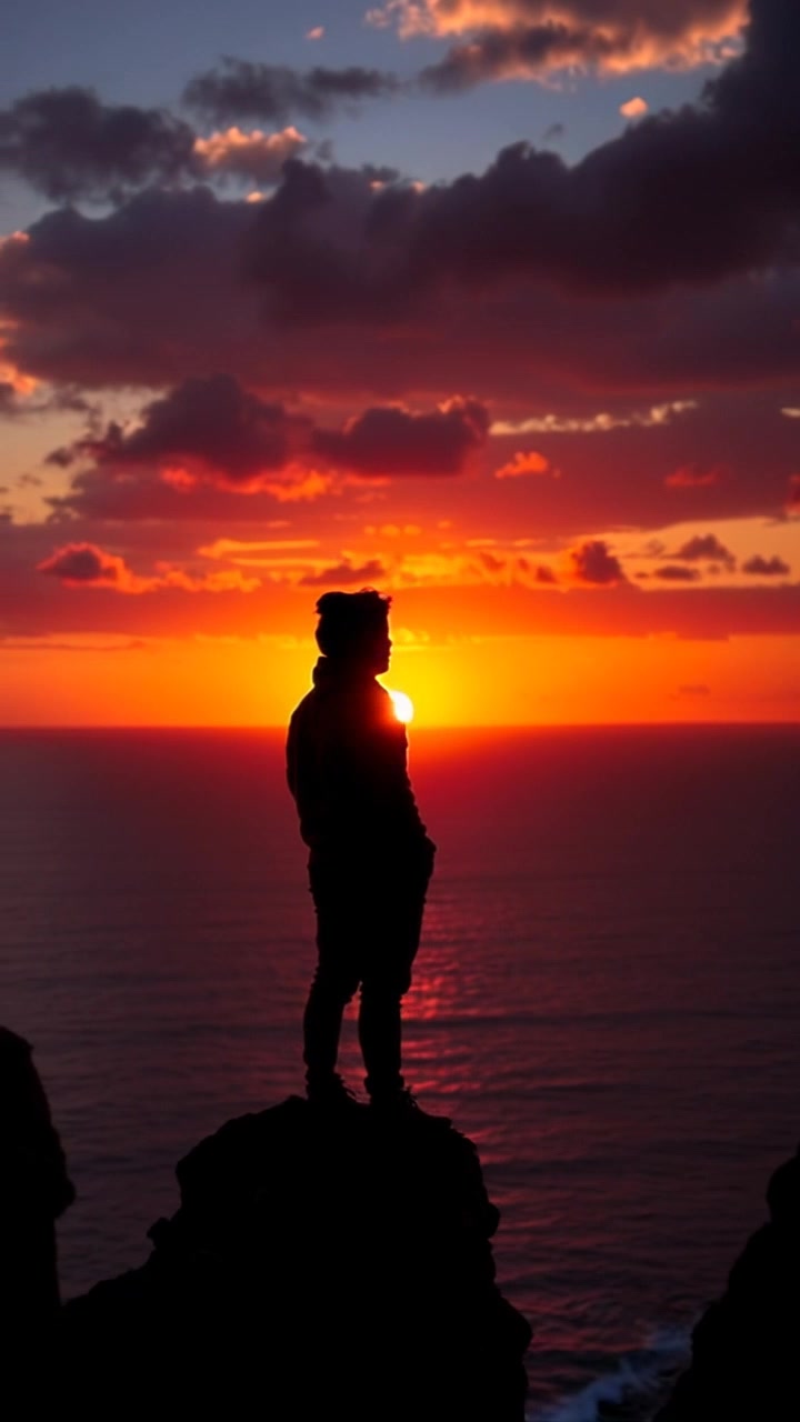 Subject: A figure standing on a rocky cliff during sunset, gazing out over the vast ocean. Subject movement: The figure remains still, but the wave motion in the ocean conveys a sense of calmness. Scene: Rocky cliff overlooking an expansive ocean, bathed in the warm hues of sunset, with vibrant orange and purple skies reflecting off the water. Lighting: Soft, warm sunset light enveloping the scene. Motion: A slow dolly out, revealing the breathtaking landscape from a close perspective, then transitioning to a wider view that showcases the cliff's rugged texture against the tranquil ocean below.
