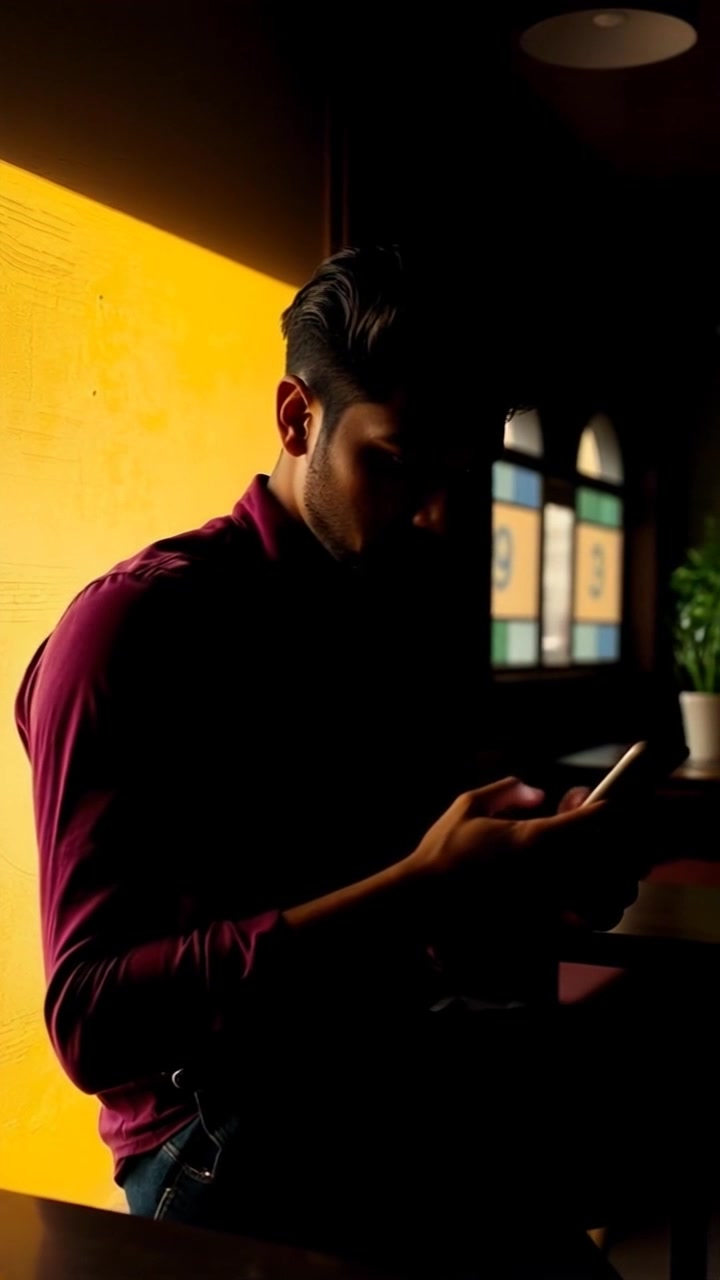 Subject: A person sitting alone in a cozy cafe, displaying a slightly worried expression as they glance at their phone. Subject movement: The individual shifts in their seat, fidgeting nervously, while occasionally looking up as if searching for someone. Scene: Intimate cafe setting with warm wood tones, soft lighting, and tables adorned with plants. Style: Soft, ambient lighting creating a warm and inviting atmosphere, emphasizing the cozy feel of the cafe. Motion: The camera gently pushes in, capturing the details of the person's expression and the surroundings as they engage with their phone.