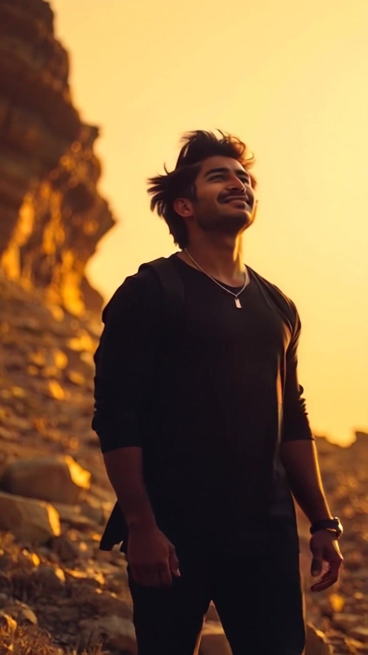 Subject: A determined figure standing on a rocky path, breathing heavily as he looks up. Subject movement: He pauses momentarily, then begins to move forward with purpose. Scene: Rugged mountain path surrounded by towering cliffs and sparse vegetation, with a dramatic sky above. Style: Dynamic lighting that captures the tension of the moment, with shadows creating depth. Motion: The camera begins with a close-up on his face showing determination, then pulls back to capture his full stance as he strides forward, showcasing the challenging terrain.