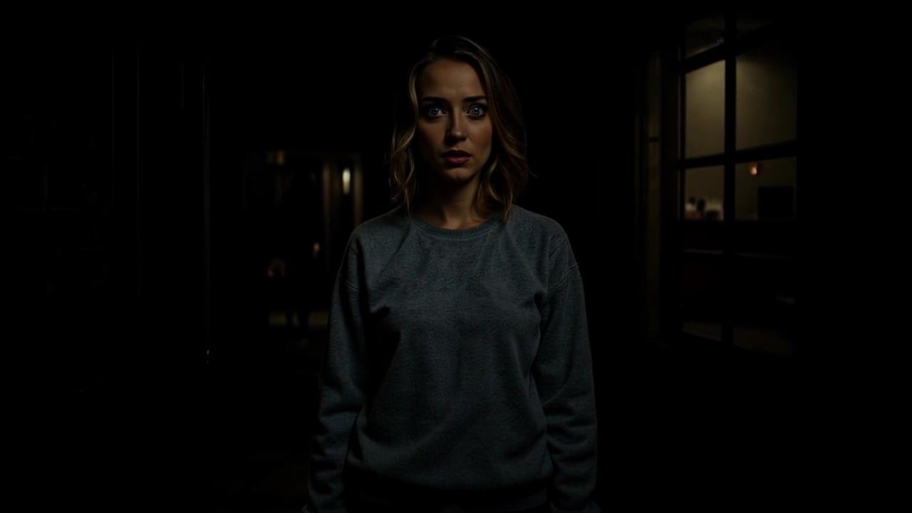 Subject: A young woman with light brown hair and blue eyes stands anxiously in a dimly lit hallway, gazing ahead. Scene: Dark, narrow hallway with shadows playing on the walls, an ominous blurred figure visible through a window behind her. Motion: The camera slowly pushes in toward the woman, capturing the tension in her expression, while the lighting flickers subtly, enhancing the suspenseful atmosphere.