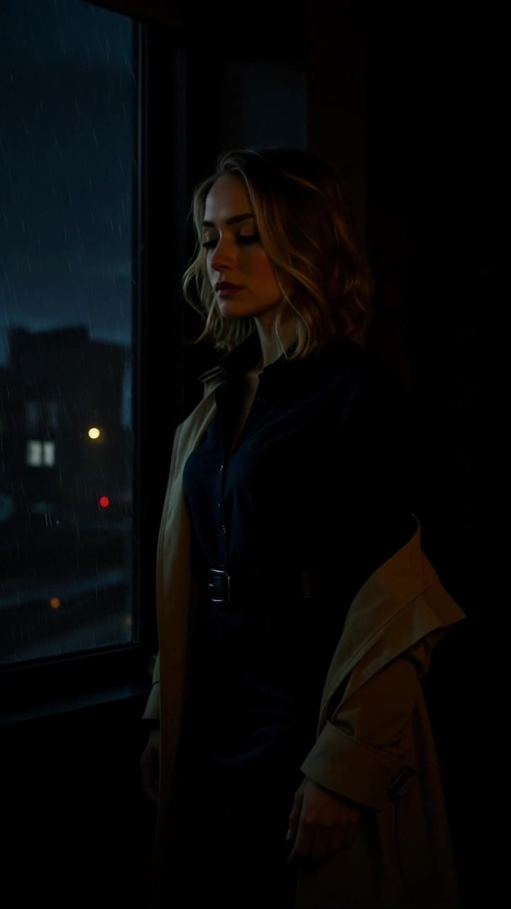 Subject: A woman with shoulder-length blonde hair in a dark outfit. Subject movement: She stands still by the window, turning her head slightly to gaze contemplatively outside as rain trickles down the glass. Scene: Nighttime setting inside a dimly lit room, with the woman framed by a rainy window creating a introspective mood. Style: Soft, ambient lighting with glimmers of rain reflecting in the window. Motion: The camera slowly pushes in, capturing her expression as the rain cascades, evoking a sense of longing.