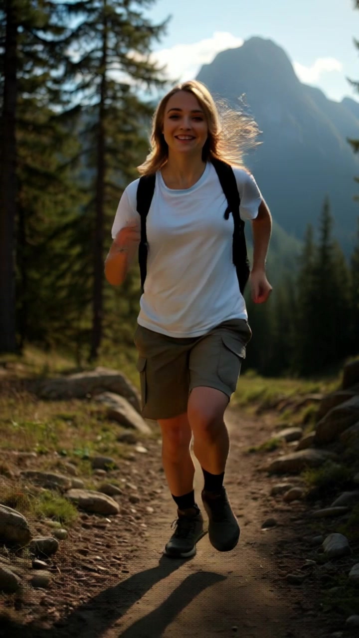 Subject: A young woman running energetically. Subject movement: She races forward on a rocky forest trail, her backpack bouncing slightly with each stride. Scene: A vibrant forest trail surrounded by tall trees and majestic mountains in the background, illuminated by warm sunlight. Style: Bright, inviting lighting casting playful shadows on the ground. Motion: The camera follows her with a smooth tracking shot, capturing the dynamic movement as she navigates the rough terrain, with the lush greenery of the forest framing the scene.