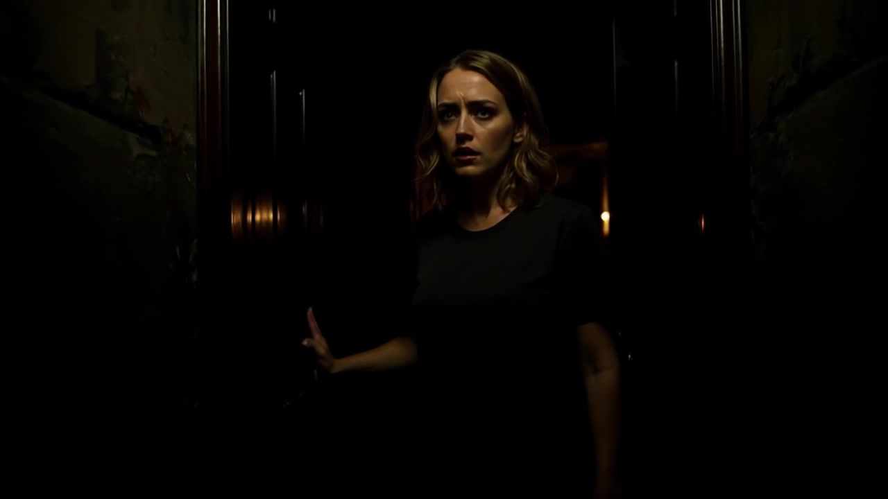 Subject: A young woman with shoulder-length hair. Subject movement: She stands anxiously in a dimly lit doorway, holding the door open with one hand. Scene: The tense atmosphere of an entranceway shrouded in shadows, with a faint light illuminating her face. Style: Low light creates a moody, suspenseful ambiance. Motion: The camera starts with a close-up on her expression, then slowly pushes back to reveal the doorway behind her, adding a sense of depth and tension.