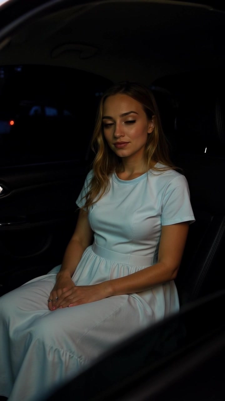 Subject: A young woman with long brown hair in a light blue dress. Subject movement: She remains calm and serene within the interior of a dimly lit car, gently shifting her gaze towards the window. Scene: The interior of a dark car, the soft glow from the dashboard creating a subtle contrast with the shadows. Style: Soft, ambient lighting highlighting the woman's features against the deep tones of the car. Motion: The camera begins with a close-up of her contemplative expression, then slowly pushes out to reveal the intimate space of the car, creating a sense of personal reflection.