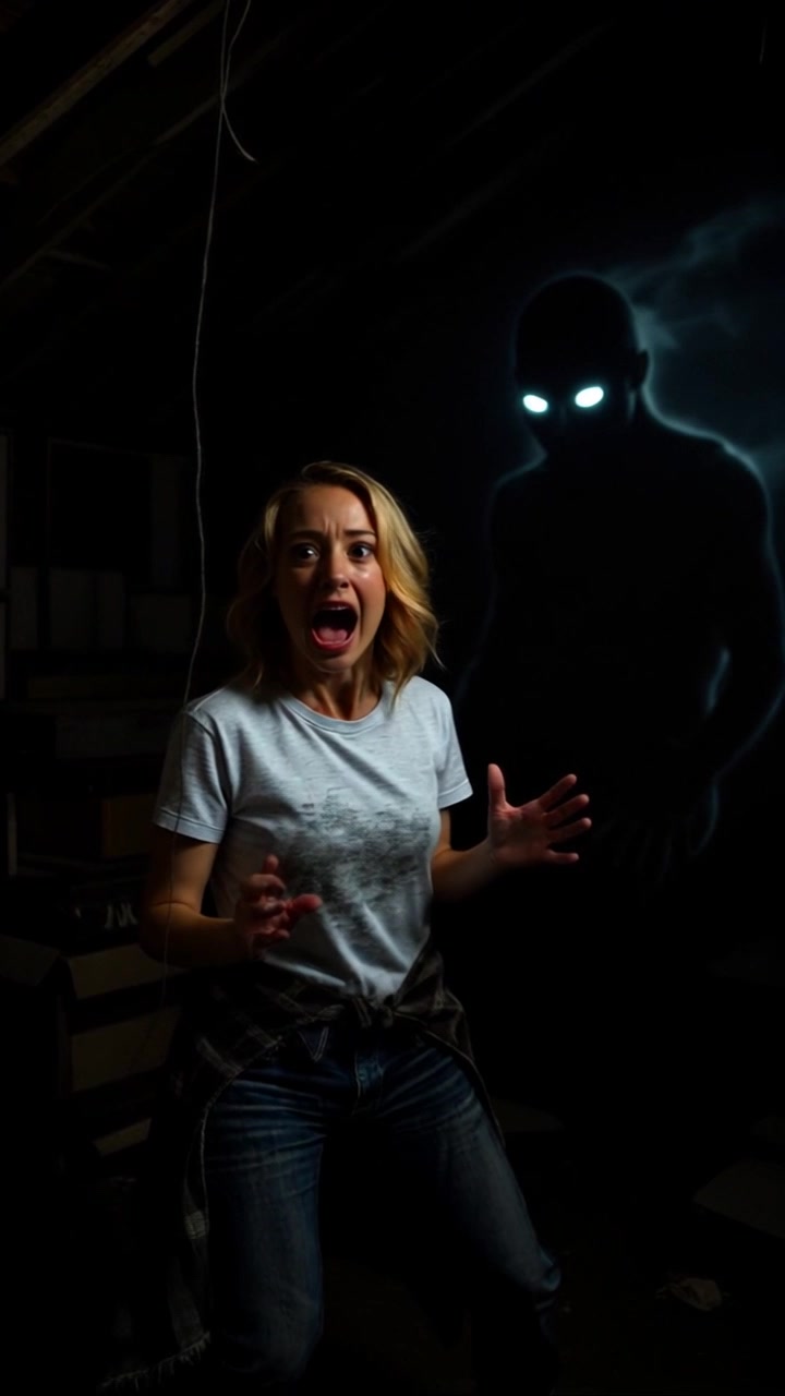 Subject: A young woman with blonde hair, wearing a light gray t-shirt and jeans, screaming in fear. Subject movement: She takes a step back, her eyes wide, her body tense as she reacts to a dark, shadowy figure behind her. Scene: A dimly lit room filled with unsettling shadows, enhancing the chilling atmosphere. Style: Low-key lighting with stark contrasts illuminating her fear and highlighting the eerie presence of the shadowy figure with glowing white eyes. Motion: The camera slowly pushes in on her terrified expression, capturing her reaction while maintaining a tense focus on the ominous figure in the background.