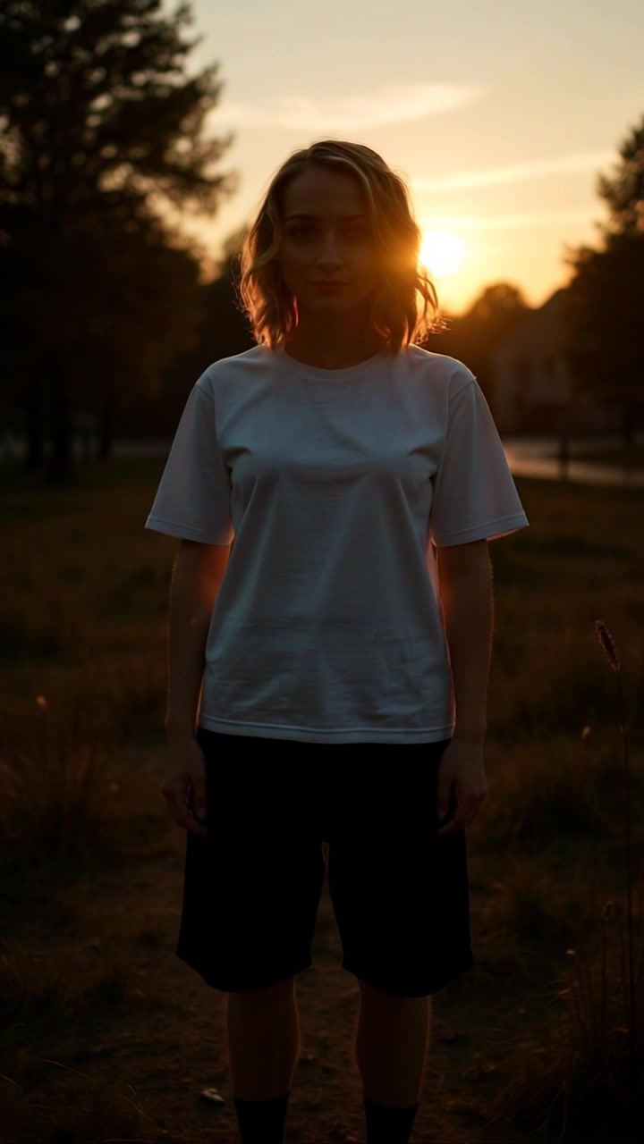Subject: A young woman standing outdoors, illuminated by the warm glow of a sunset. Scene: Set against a vibrant sunset sky, the silhouette of the woman is framed by lush greenery in the background. Motion: The camera gently pushes in for a closer view, capturing her relaxed posture and the radiant colors of the sunset spilling over the horizon, enhancing the tranquil atmosphere.