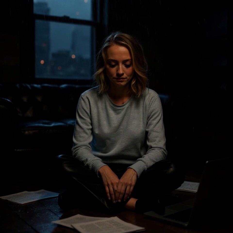 Subject: A young woman with shoulder-length blonde hair. Subject movement: She is thoughtfully writing in a notebook, her gaze focused on the pages in front of her. Scene: A dimly lit room, scattered papers clutter the floor, an open laptop rests nearby, and a dark couch is positioned against a rainy window in the background. Style: Soft, ambient lighting creating a cozy yet introspective atmosphere. Motion: The camera slowly dolly in from a wide view of the room, narrowing in on the woman, as raindrops patter softly on the window, emphasizing the serene mood.
