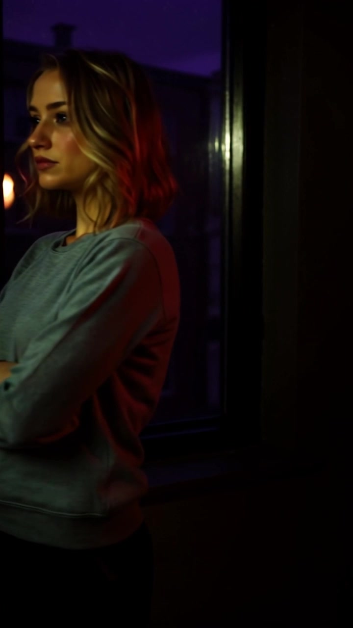 Scene: A dimly lit room featuring a window illuminating a chilling atmosphere as shadows cascade across the floor. Style: The interplay of warm and cool tones creates a contrasting mood. Motion: The camera slowly dolly in towards the window, capturing the flicker of a shadow as it shifts subtly. The light from outside gradually intensifies, enhancing the tension within the space.