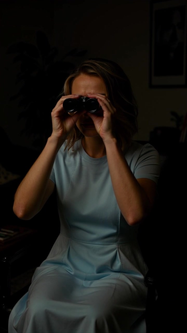 Subject: A young woman with blonde hair and blue eyes in a dimly lit room. Subject movement: She raises the binoculars to her eyes, scanning the surroundings intently. Scene: Cozy indoor setting with soft shadows and warm undertones, creating an intimate atmosphere. Lighting: Dim lighting accentuating the contours of her face and the texture of her light blue dress. Motion: The camera gently pushes in on her focused expression, capturing the depth of her gaze as she peers through the binoculars.