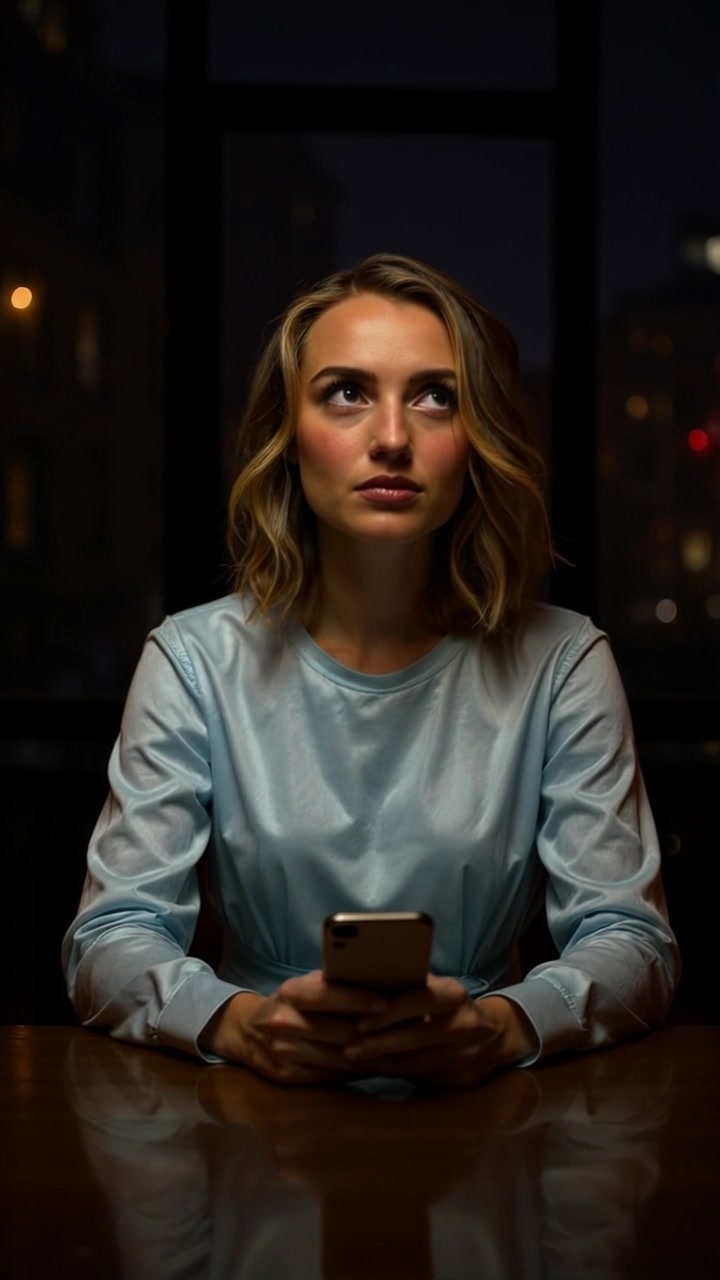 Subject: A young woman with shoulder-length wavy blonde hair. Subject movement: She lifts her head slightly, glancing up from her smartphone as if hearing a sound in the distance. Scene: The woman is seated at a dark wooden table at night, the soft lighting emphasizing her face against a dark background. Style: Ambient lighting creates a cozy yet moody atmosphere, with soft shadows adding depth. Motion: The camera performs a gentle push-in towards her face, capturing the subtle shift in her expression as she looks up.