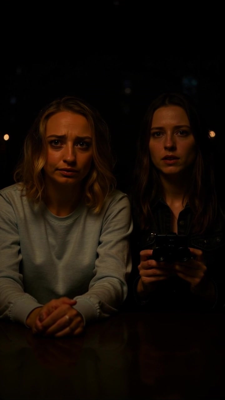 Subject: Two young women sitting side by side, one with blonde hair in a light-colored sweatshirt and the other with dark hair holding binoculars. Subject movement: They shift their gazes forward, eyebrows furrowed in concentration, as if observing something important in the distance. Scene: Dark setting, suggesting a sense of urgency or anticipation, with soft shadows highlighting their serious expressions. Style: Ambient lighting casts a moody tone, adding to the intensity of the moment. Motion: The camera slowly zooms in on their faces, capturing the tension in their expressions, before gently pulling back to reveal the enigmatic surroundings.