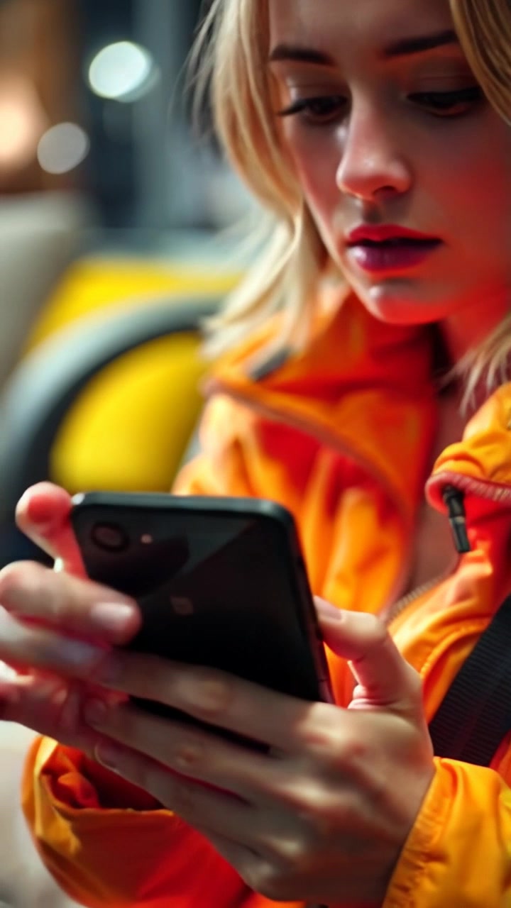 Subject: A pair of hands gripping a smartphone tightly. Subject movement: The hands tremble slightly as they scroll through the screen, conveying a sense of anxiety. Scene: Close-up shot focused on hands in a cozy living room setting with soft furnishings in the background. Style: Warm, ambient lighting creates an inviting atmosphere, contrasting with the tension in the scene. Motion: The camera gently pushes in for a tighter focus on the hands, capturing the intricate details of the smartphone and the emotion on the subject's face.