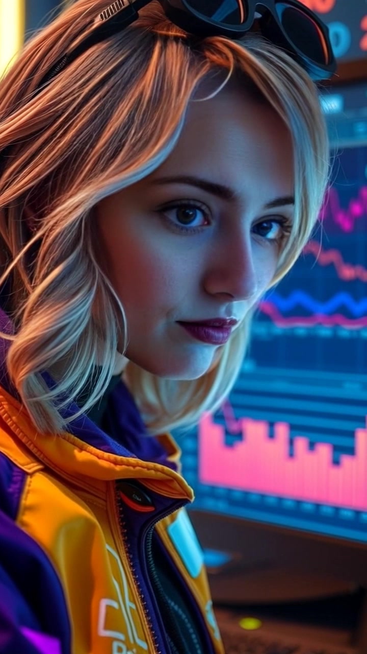 Subject: A focused individual analyzing data on a computer screen. Subject movement: The individual leans forward, shifting slightly to examine the graphs closely. Scene: A modern office environment with office supplies neatly arranged around a sleek desk, illuminated by a desk lamp. Style: Warm, inviting lighting that highlights the contours of the subject's face and the screen's glow. Motion: The camera begins with a tight close-up on the individual's expression, then gradually pulls back to reveal the broader office setting while maintaining focus on the subject's engagement with the data.