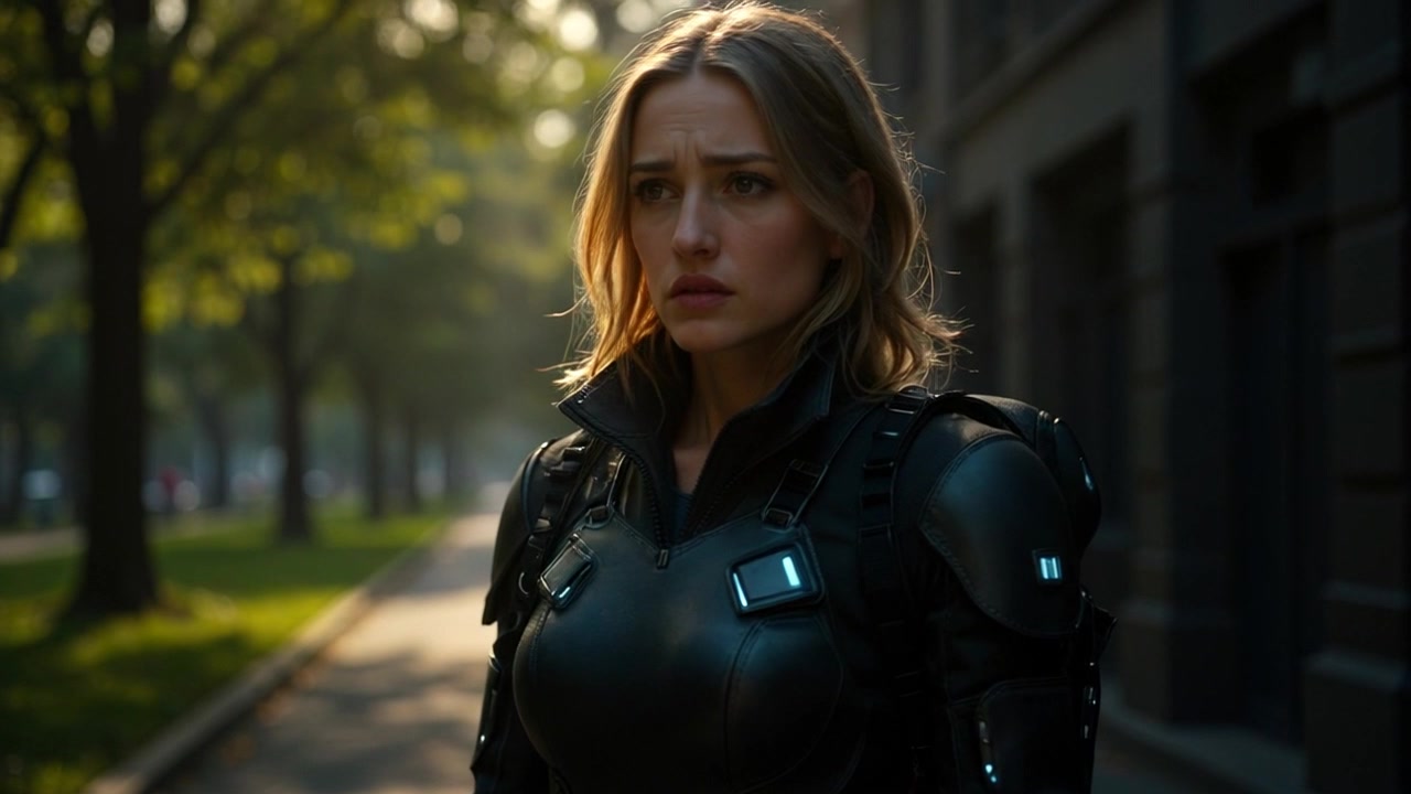 Subject: A young woman in a black futuristic armor suit, standing on a shaded path lined with trees, her expression contemplative amidst the surroundings. Scene: The atmosphere is tranquil with soft natural light filtering through the leaves, casting gentle shadows on the path. Motion: Camera slowly pushes in toward the woman, capturing her thoughtful demeanor as the trees sway lightly in the background, creating a serene yet dynamic display.