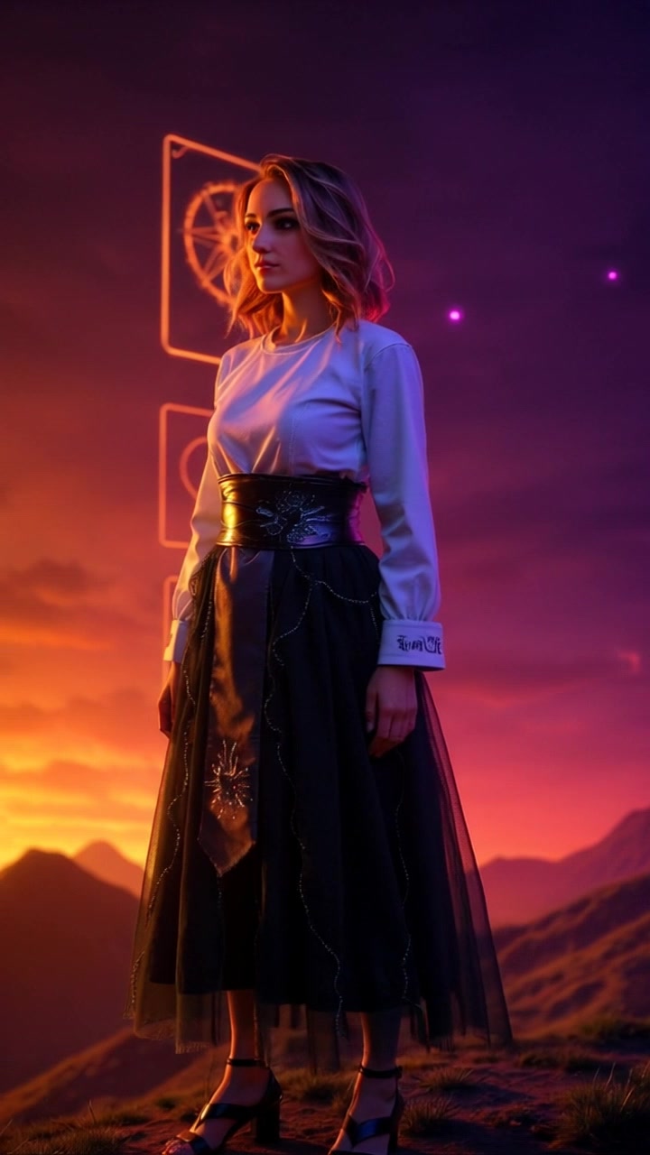 Subject: A person standing on a hilltop at sunset. Subject movement: The figure gazes thoughtfully into the distance, with a gentle breeze causing their hair to flutter. Scene: A hilltop bathed in warm hues of orange and pink from the setting sun, silhouetting the figure against the expansive sky. Style: Soft, ambient lighting envelops the scene in a tranquil glow, enhancing the moody atmosphere. Motion: Camera slowly pushes in from a wide angle, capturing the vast landscape and then slowly tilting up to highlight the colorful sky.