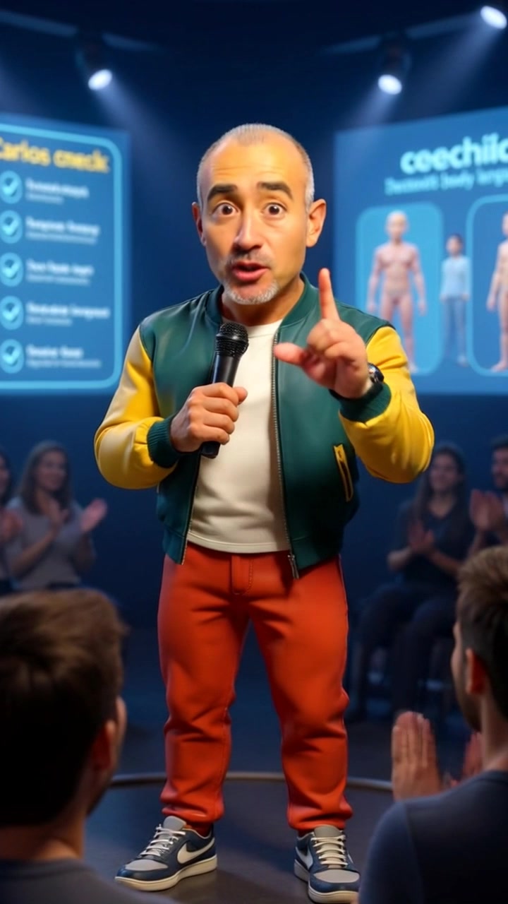Subject: A middle-aged man passionately speaking on stage while holding a microphone. Subject movement: He gestures animatedly with his free hand, drawing the audience's attention. Scene: A well-lit auditorium with an engaged audience clapping and two fuzzy presentation screens behind him displaying diagrams and text. Style: Bright, spotlighting the speaker while the audience is softly illuminated. Motion: Camera smoothly zooms in on the speaker, capturing his expressive gestures and the energy of the crowd.