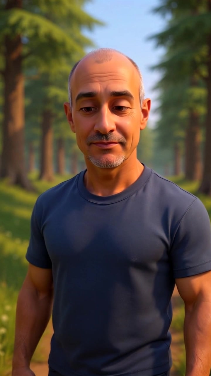 Subject: A character standing in a wooded area with a puzzled expression. Subject Movement: The character glances around, shifting slightly as they take in the surroundings. Scene: A lush forest setting, with tall trees and dappled sunlight filtering through the leaves, creating a serene atmosphere. Style: Soft, ambient lighting that enhances the tranquility of the woods, providing a warm, inviting feel. Motion: The camera gently pushes in towards the character, capturing their curious gaze and the intricate details of the forest backdrop.