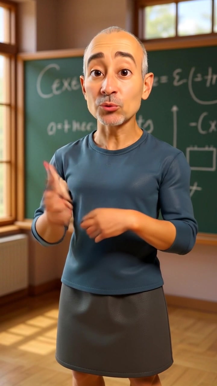Subject: A teacher standing confidently in front of a chalkboard filled with mathematical illustrations. Subject movement: The teacher gestures animatedly, showcasing the equations with sweeping arm movements. Scene: A well-lit classroom with educational posters adorning the walls, creating an engaging ambiance. Style: Bright, natural lighting illuminating the chalkboard, infusing the scene with an inviting and scholarly atmosphere. Motion: The camera slowly pushes in, focusing on the enthusiastic expressions of the teacher as they explain concepts, while the chalkboard transitions in sharp focus to reveal intricate details of the drawn mathematics.