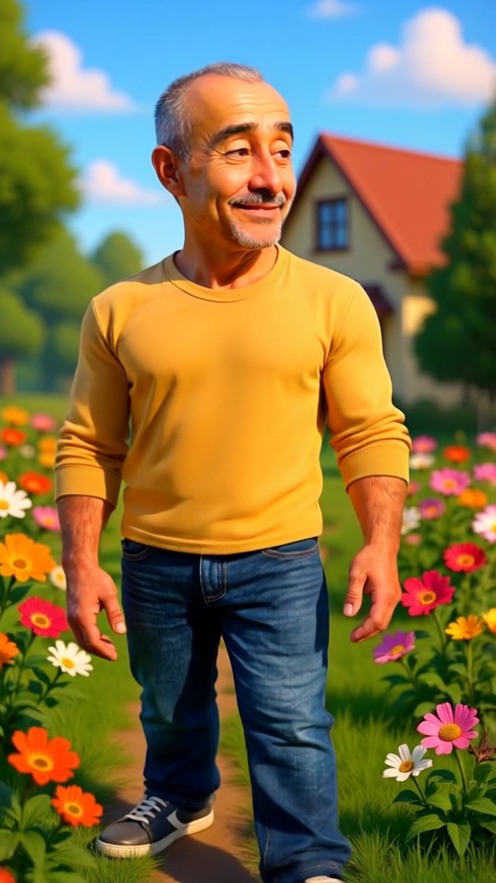 Subject: A middle-aged man stands smiling in a garden. Subject movement: He takes a few steps forward along the garden path, admiring the colorful flowers. Scene: The man is surrounded by vibrant flora, with a charming house and trees in the background under a bright blue sky. Style: Bright, cheerful daylight enhances the colors of the flowers and the man's sweater. Motion: The camera smoothly tracks alongside him as he walks, panning slightly to reveal more of the lush garden as he smiles.