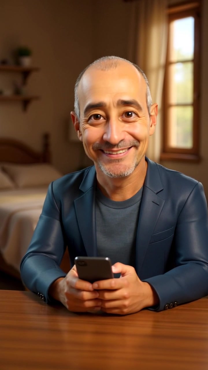 Subject: A middle-aged man with short gray hair and a slight beard smiles warmly while holding a smartphone. Scene: Cozy room with a wooden table, bed, and window in the background, creating an inviting environment. Lighting: Ambient, soft light filtering through the window, adding warmth to the scene. Motion: The camera gently pushes in for a close-up of the man's expression, capturing the friendliness as he interacts with his device.