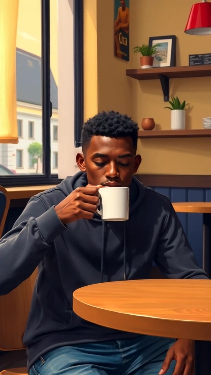 Subject: A figure sitting contemplatively at a wooden table in a casual café. Subject movement: The figure gently lifts a cup of coffee to their lips, reflecting a moment of introspection. Scene: A cozy café filled with warm wooden textures and soft ambiance, sunlight streaming through large windows, illuminating the rustic decor. Style: Inviting morning light creating a soft glow, complemented by natural shadows. Motion: The camera slowly push in on the figure, capturing the details of their expression, followed by a smooth pan to the surrounding atmosphere of the café.