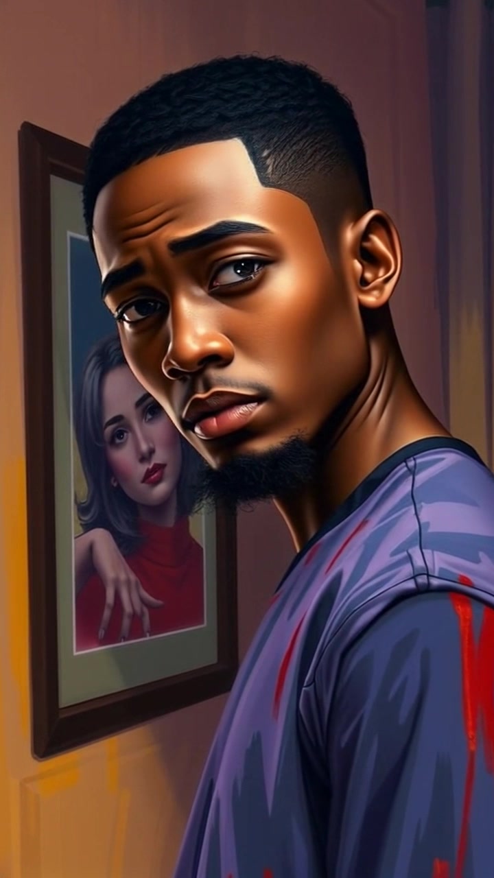 Subject: A figure stands alone, gazing at a photo on the wall with a pained expression. Scene: Dimly lit room filled with soft shadows, creating an intimate yet somber atmosphere. Motion: The camera slowly zooms in on the figure's face, capturing the emotional weight of the moment, while the ambient light casts delicate patterns across the scene.