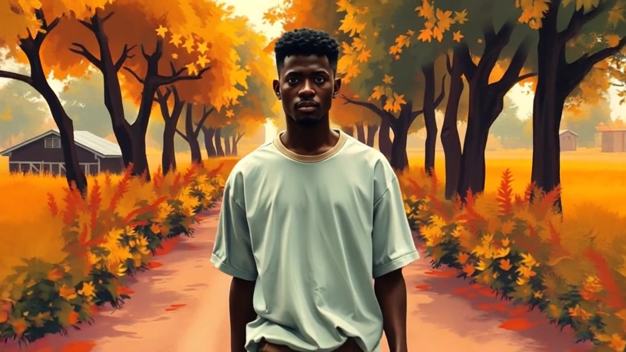 Subject: A young man walking determinedly down a dirt road. Subject movement: He strides confidently, each step purposeful, as he makes his way towards town. Scene: A dirt road lined with vibrant green trees, leading into a quaint town visible in the distance. Style: Warm, golden-hour lighting creating a soft glow around the trees. Motion: The camera follows behind, gradually pushing in to capture his focused expression and the inviting nature of the surrounding landscape.