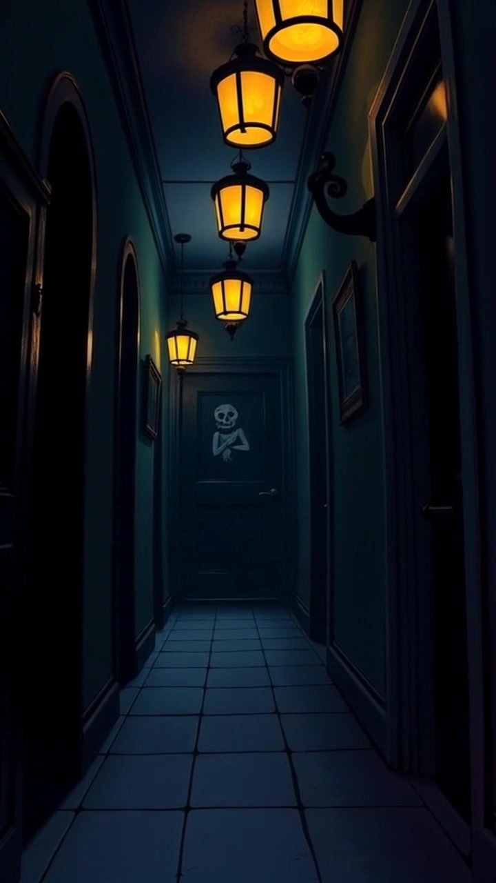 Scene: A dark hallway filled with flickering overhead lights casting eerie shadows that dance ominously along the walls, creating an unsettling atmosphere. Style: Dim lighting with stark contrasts emphasizes the shadows, adding to the sense of impending danger. Motion: The camera moves slowly down the hallway, gently swaying as though haunted, capturing the unsettling ambiance and the flickering lights that seem to pulse with a life of their own.