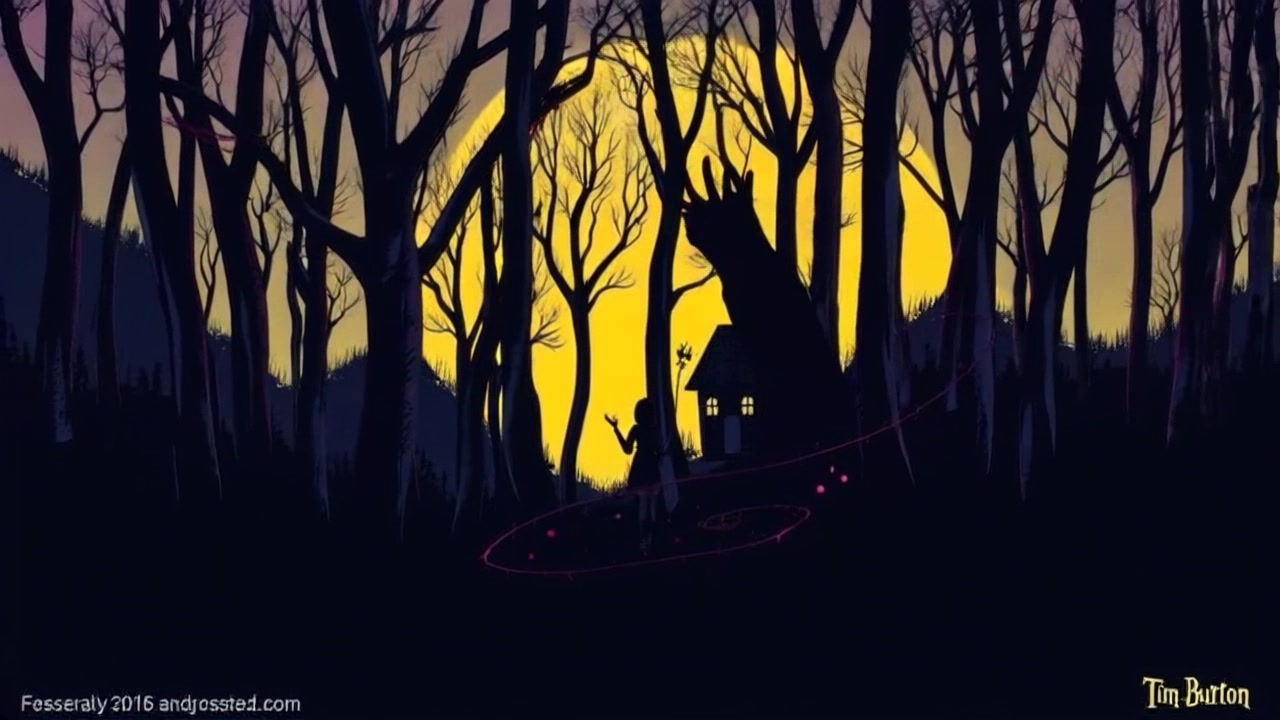 Scene: A dark forest at night, filled with eerie shadows weaving among the towering trees, which suggests a mysterious presence lurking in the depths. Style: Dimly lit with hints of moonlight peeking through the foliage, casting ghostly illuminations on the forest floor. Motion: The camera glides through the trees with a slow, suspenseful tracking shot, heightening the sense of mystery as the leaves rustle in the stillness.