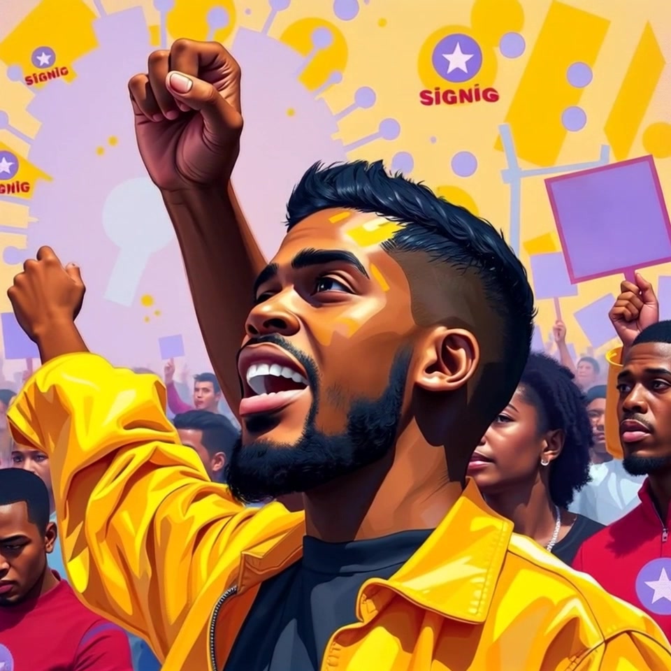 Subject: A determined individual standing confidently in front of a crowd. Subject movement: He raises his fist, imploring the audience to stand strong and united. Scene: A vibrant rally filled with an engaged crowd, unified in their cause, set against a backdrop of banners and flags waving in the wind. Style: Bright daylight illuminating the scene, reflecting an atmosphere of empowerment and hope. Motion: The camera performs a dynamic push-in towards the subject, capturing the intensity of his expression and the energy of the crowd, then pans to reveal the faces of the supporters around him, emphasizing their collective resolve.