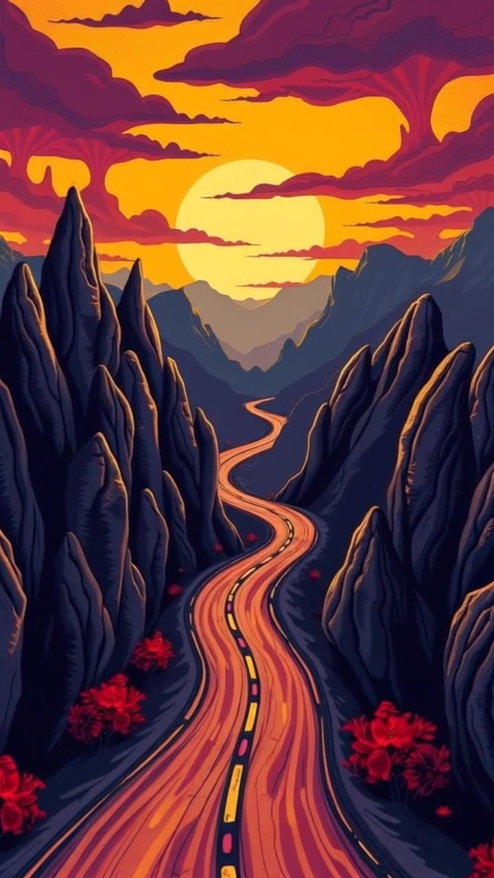 Scene: A winding road meandering through a breathtaking mountainous landscape, fading into an uncertain horizon. Style: The lighting is soft and atmospheric, with hints of morning light casting gentle shadows across the peaks. Motion: The camera glides seamlessly along the road, capturing the undulating curves and the expansive vistas as it pushes forward toward the distance.