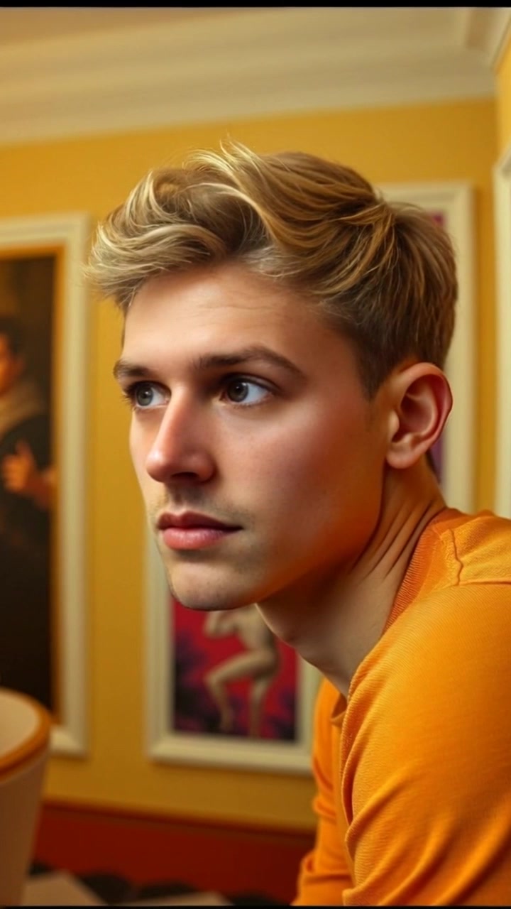 Subject: A person exhibiting curiosity, leaning forward with a thoughtful expression. Scene: A cozy, warmly-lit room filled with books and personal artifacts, creating an inviting atmosphere for contemplation. Motion: Slow push-in with a handheld camera as the subject visibly processes thoughts, soft ambient light enhancing the reflective mood.