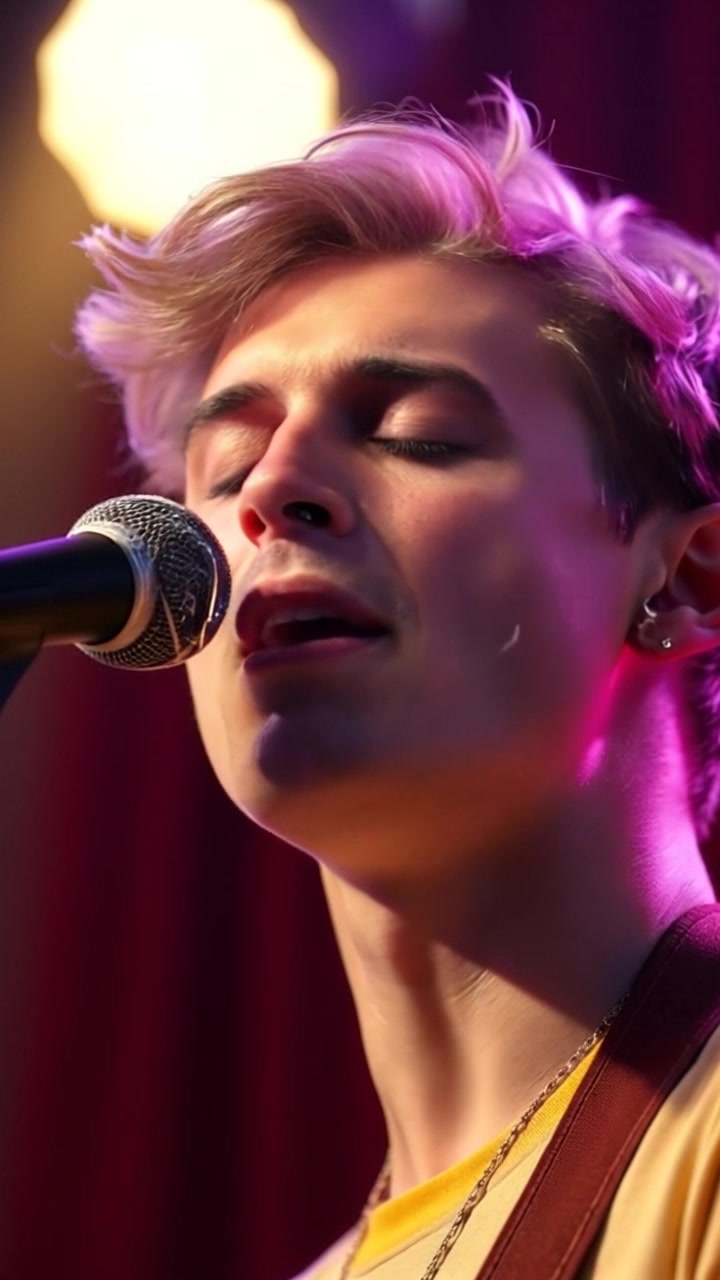 Subject: A singer in a spotlight, eyes closed, passionately singing into a microphone. Scene: A dimly lit stage with a focused spotlight on the singer, surrounded by soft shadows and an audience in the background. Style: Ambient lighting creates a warm and inviting atmosphere, emphasizing the intimacy of the performance. Motion: The camera slowly zooms in on the singer's face, capturing subtle expressions as he immerses himself in the song, with gentle swaying reflecting the rhythm.