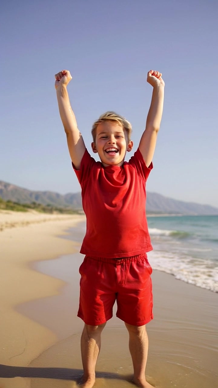 Subject: A person standing on a hilltop. Subject movement: The individual lifts their arms triumphantly towards the vast blue sky, basking in the sun. Scene: Stunning hilltop vista overlooking distant mountain ranges underneath a clear blue sky. Style: Bright and vibrant lighting that enhances the beauty of the landscape, evoking a sense of freedom and achievement. Motion: The camera slowly pushes in from the horizon, revealing the expansive view while gently circling around the figure, capturing the grandeur of the mountains in the background.