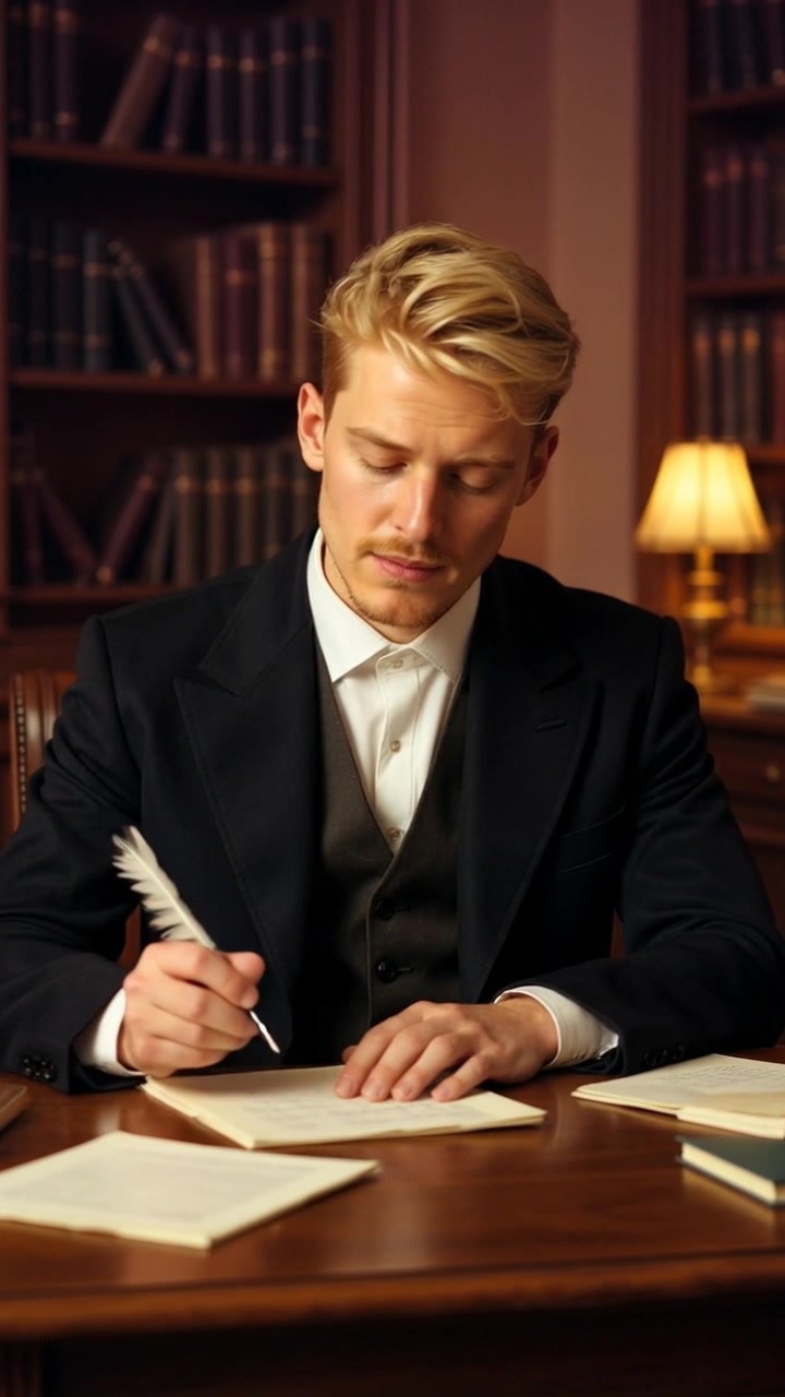 Scene: A focused desk setting with scattered papers, an ink pot, and a quill pen, as a person writes diligently at the wooden table. Style: Soft, warm lighting creates an inviting atmosphere, enhancing the texture of the paper and the reflection of the quill. Motion: The camera pushes in slowly to capture the intricate details of the writing process, subtly revealing the concentrated expression and movements involved in note-taking.