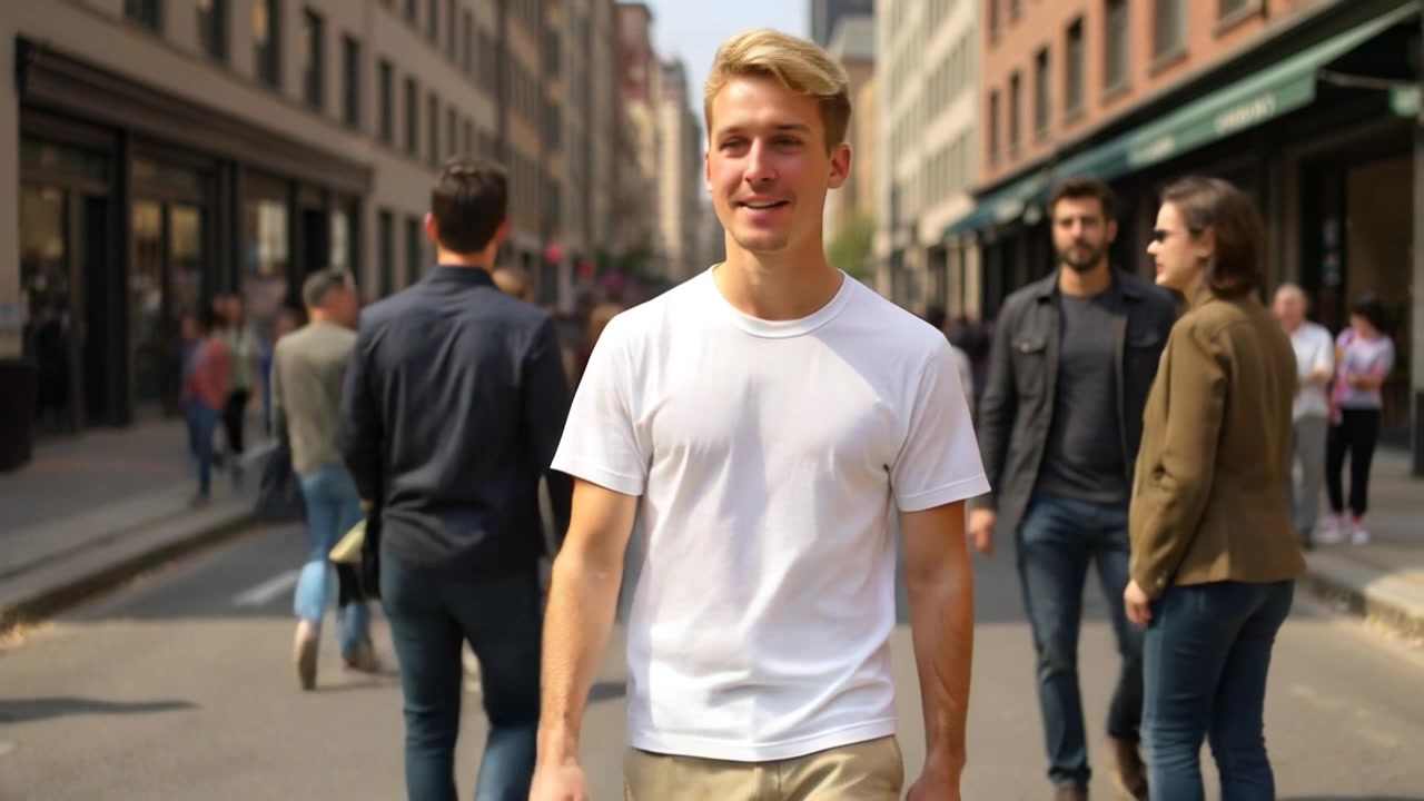 Subject: A person walking confidently down a bustling city street, engaging the attention of passersby. Subject movement: The individual strides purposefully, subtly interacting with the vibrant atmosphere around them. Scene: A lively urban environment filled with tall buildings and a diverse crowd. Style: Daytime lighting with bright and energetic vibes. Motion: The camera tracks closely alongside the person, capturing their expressions and the dynamic reactions of the crowd, weaving in and out to create an immersive view of the city life.