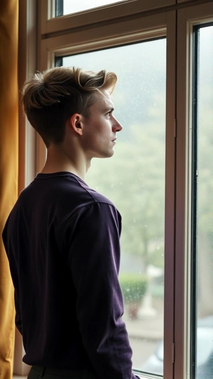 Subject: A figure gazing out a window. Scene: Inside a cozy room with rain softly falling on the windowpane. Style: Ambient lighting subtly illuminating the space, casting soft shadows. Motion: The camera smoothly pushes in toward the figure, capturing a close-up of their contemplative expression while raindrops trickle down the glass, creating a serene atmosphere.