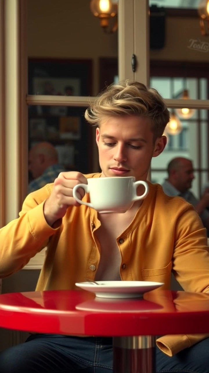 Subject: A person sitting at a café table, gazing thoughtfully at a coffee cup. Subject movement: The person gently lifts the cup, taking a slow sip while a contemplative expression crosses their face. Scene: Cozy café setting with soft lighting, surrounded by warm wooden accents and vibrant potted plants. Motion: The camera slowly pans in, capturing the coffee cup and the person's reflective demeanor, with a shallow depth of field that softly blurs the background. Lighting: Ambient and warm, enhancing the intimate atmosphere.