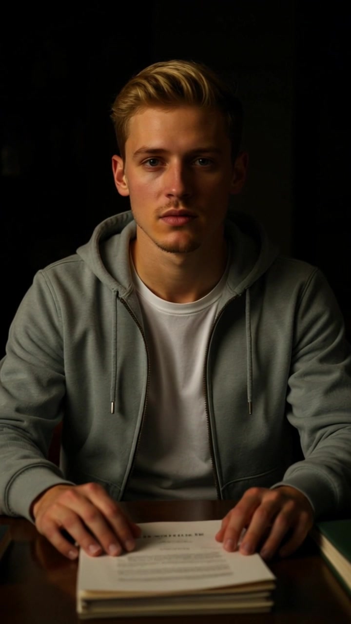 Scene: A young man with blonde hair sits at a table covered with papers and books, looking directly into the camera in a dimly lit room. Style: Soft, moody lighting creating a contemplative atmosphere, highlighting the texture of the hoodie and the scattered papers. Motion: The camera slowly zooms in on the young man's face, capturing the subtle nuances of his expression as the environment fades into the background.