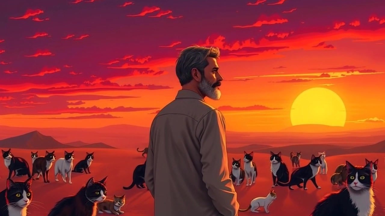 Scene: The Raj stands solitary in a barren field, illuminated by the warm hues of a sunset that stretches across the vast landscape. Style: Warm, golden light casts a rich, inviting glow over everything, contrasting beautifully with the desolate surroundings. Motion: The camera starts with a wide shot, slowly pushing in towards the Raj, capturing the subtle shifts in posture as they gaze contemplatively over the horizon, the evening light wrapping around them.