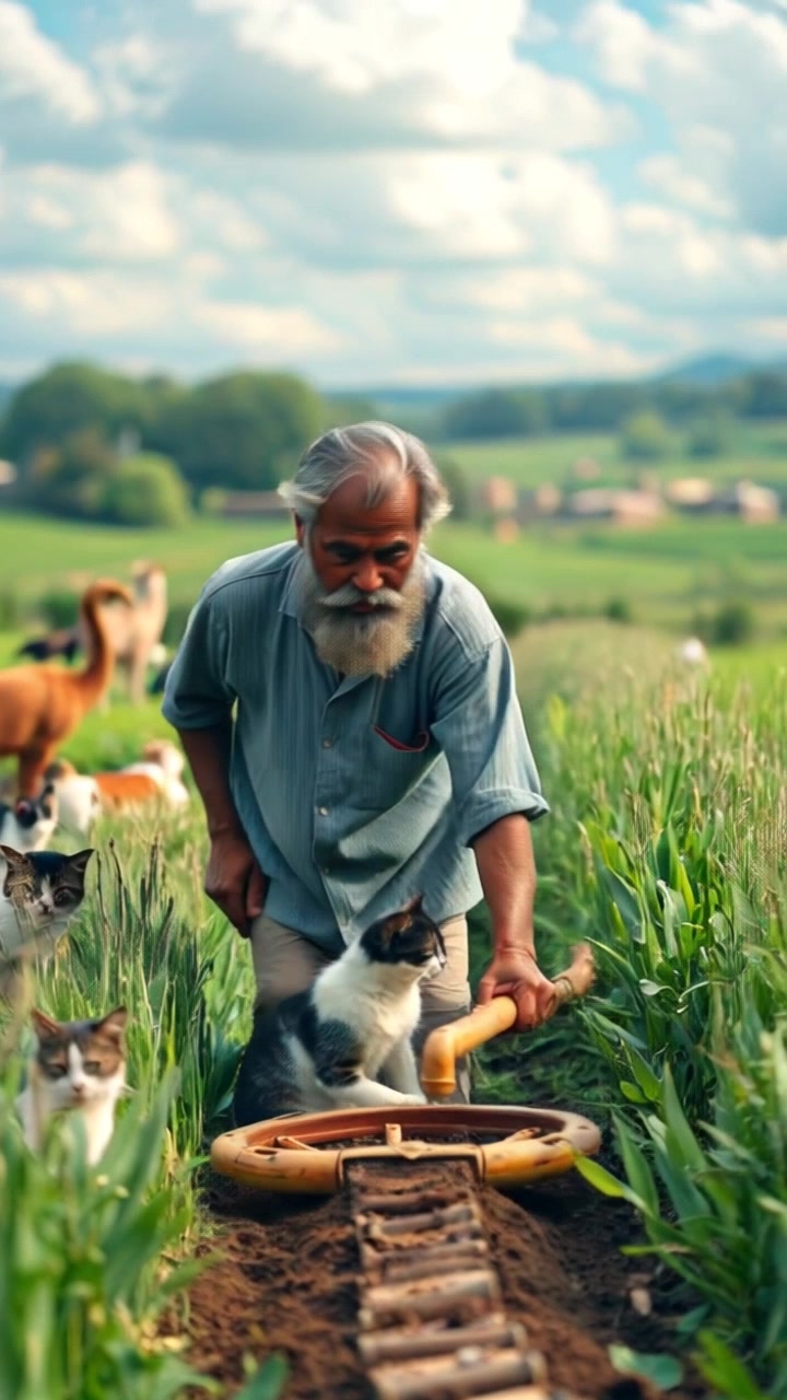 Subject: A farmer diligently working in a lush green field. Subject movement: The farmer methodically turns the rich soil with a plow, creating neat furrows. Scene: Expansive green field under a bright blue sky filled with fluffy white clouds. Style: Warm morning light enhancing the vibrant colors of the landscape. Motion: Camera approaches in a steady dolly shot, capturing the farmer's rhythmic movements while showcasing the sprawling field in the background.