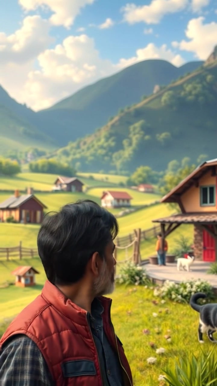 Subject: A figure standing in the foreground, gazing at the serene landscape. Scene: A picturesque small village with lush green fields and a cozy farmhouse in the background, under a bright blue sky. Lighting: Soft, natural daylight enhancing the vibrant colors of the fields. Motion: Smooth camera push-in towards the figure as they slowly turn to take in the views, creating a sense of warmth and tranquility.