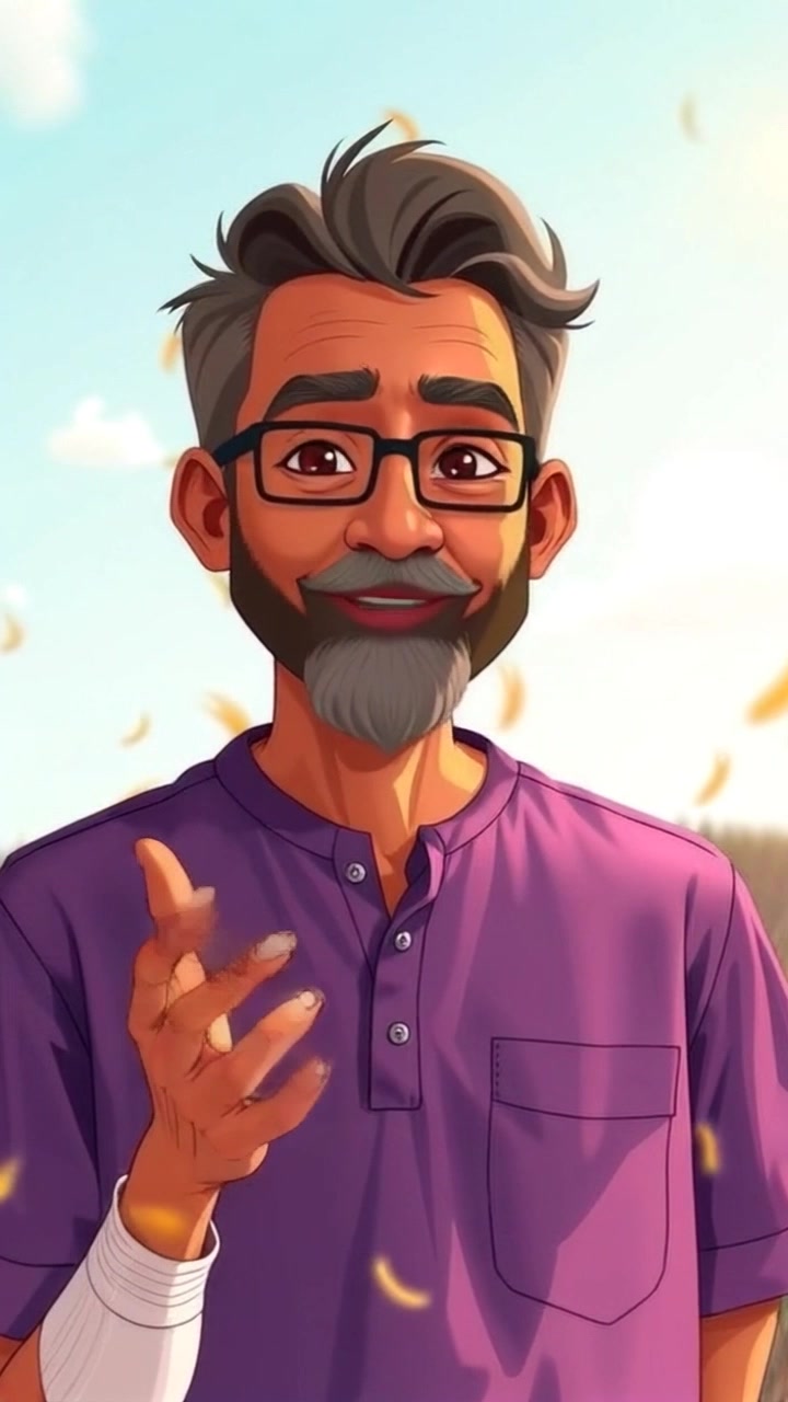 Subject: A person smiling and gesturing enthusiastically while speaking. Subject movement: The person stands confidently in the open field, making animated gestures to emphasize his points. Scene: A sunny field filled with vibrant green grass and wildflowers swaying gently in the breeze. Style: Bright, warm sunlight bathing the scene in a cheerful glow, highlighting the colors of the landscape. Motion: Camera gently pushes in, capturing a close-up of the person's expressions and lively gestures, with the golden rays of sunlight illuminating his face.
