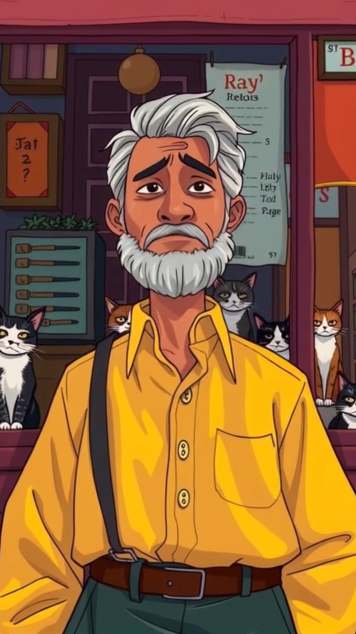 Subject: A concerned man standing outside his store. Subject movement: The man shifts his weight from one leg to another, glancing anxiously around the neighborhood. Scene: A bustling neighborhood setting in front of a small retail store, with pedestrians and vibrant signs in the background. Style: Natural morning light illuminates the scene, creating a sense of urgency. Motion: The camera slowly pushes in on the man's face, capturing his growing concern as the background activity continues around him.