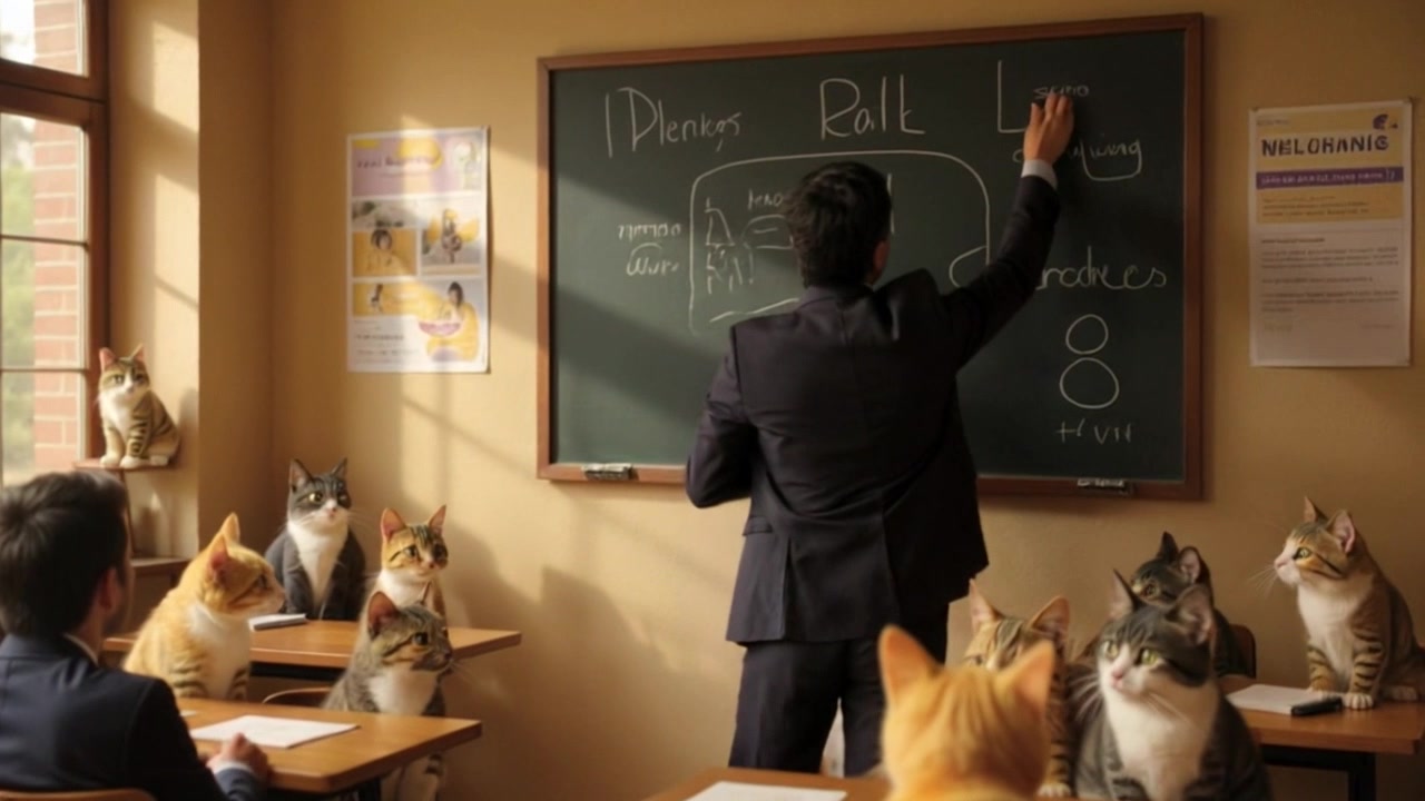 Subject: A person energetically engaging in a classroom. Subject movement: The person gestures animatedly while pointing at a blackboard filled with colorful ideas and drawings. Scene: Classroom setting with desks arranged around, bright educational posters on the walls. Lighting: Bright, natural light streaming through windows, creating an inviting atmosphere. Motion: Camera pans smoothly from the blackboard to the person, capturing their expressive movements and the vibrant details of the classroom.