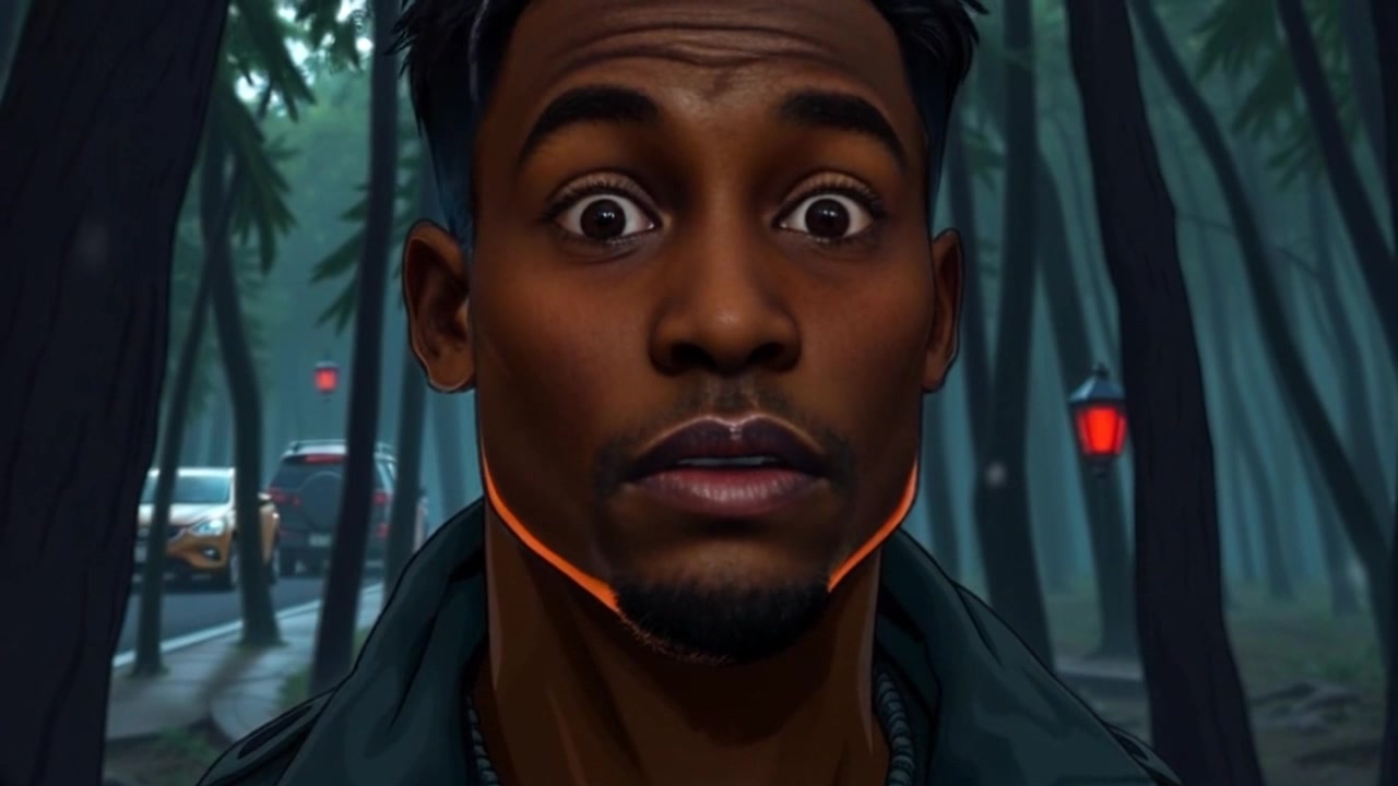 Subject: A person with a surprised expression. Scene: A dense forest, trees towering around the subject, sunlight filtering through the leaves. Style: Soft, dappled lighting evoking a sense of wonder. Motion: The camera gently pushes in closer to capture the surprise on the person's face, while the trees sway softly in the breeze, enhancing the ethereal atmosphere.