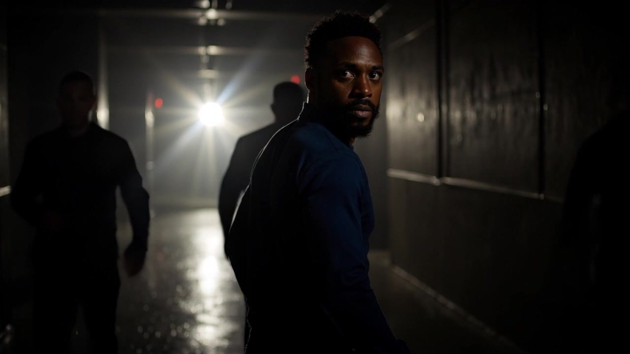 Subject: A man in a dark blue shirt with a serious expression looks back over his shoulder in a dimly lit corridor. Subject movement: He turns his head with urgency as shadowy figures approach from behind, creating a sense of impending danger. Scene: A dimly lit corridor with a stark contrast between shadows and a bright light source at the end. Style: Moody lighting that enhances the suspenseful atmosphere. Motion: Camera tracks in slowly towards the man, capturing the tension in his expression while maintaining focus on the distant figures closing in.