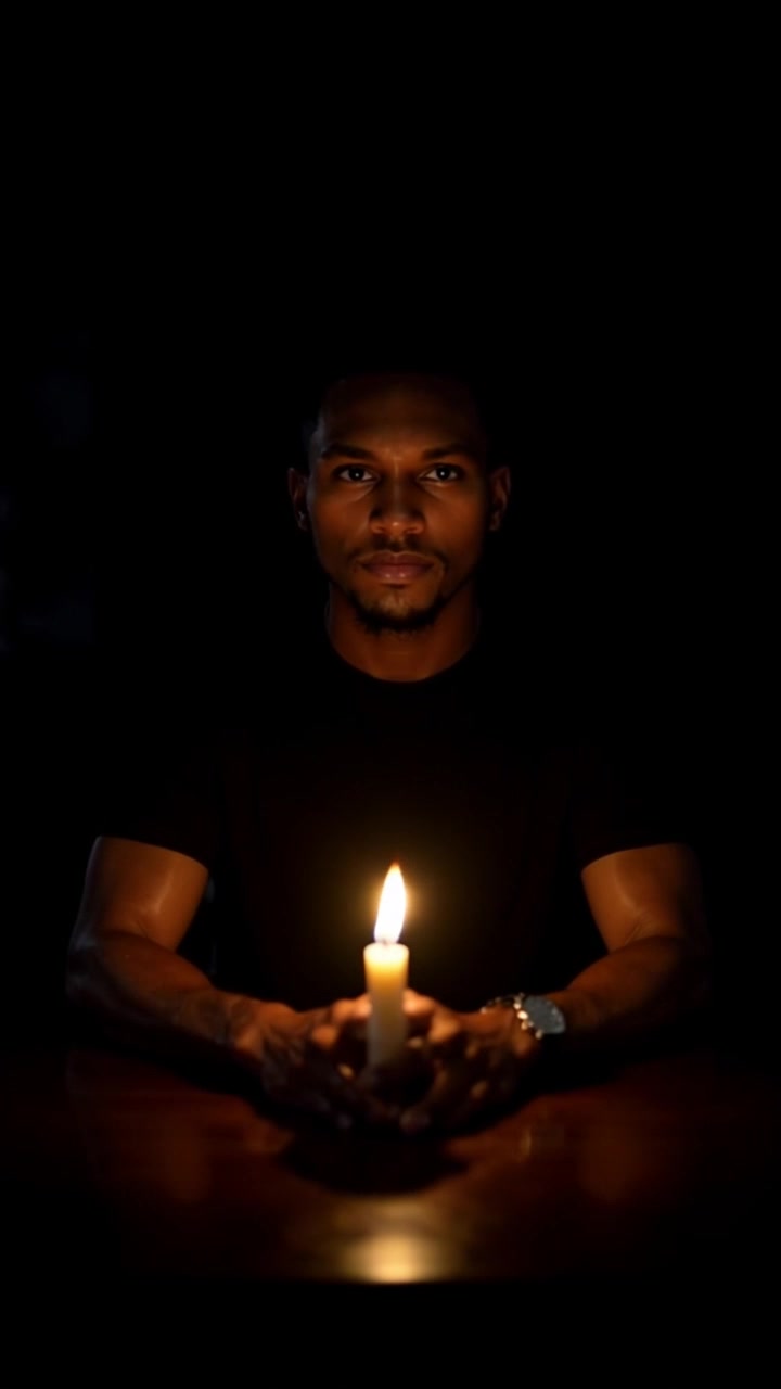 Scene: A dimly lit room with shadows dancing around as a flickering candle illuminates a desk. Style: Subtle and moody lighting creates an introspective atmosphere, emphasizing the contrast between light and dark. Motion: The camera slowly pushes in towards Isaiah, capturing the flicker of the candlelight and the shifting shadows, enhancing the sense of solitude and contemplation.