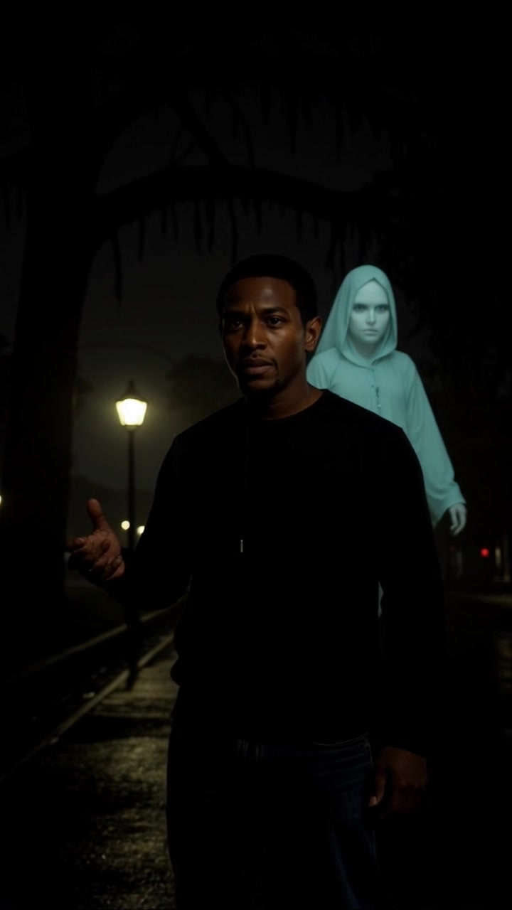 Subject: A man standing with a serious expression on a dimly lit street at night. Subject movement: The man remains still, standing in a tense posture as a ghostly figure in a hooded cloak hovers ominously behind him. Scene: A shadowy street exuding an eerie atmosphere, dimly illuminated by scattered streetlights, creating contrasting shadows. Style: Low-key lighting enhancing the mystery and suspense of the scene. Motion: The camera slowly dolly in on the man, capturing the tension in his expression, before panning to reveal the ghostly figure, creating an unsettling visual connection.