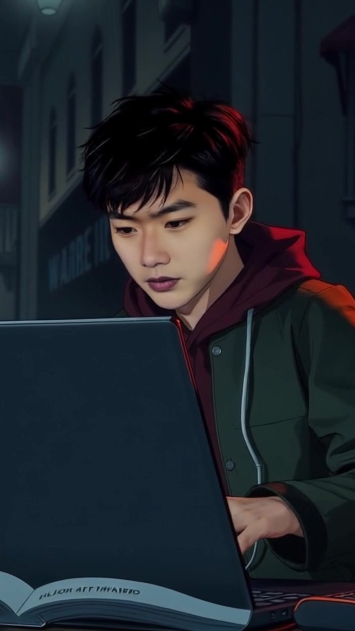 Subject: A focused individual sitting in front of a laptop. Subject movement: The individual taps on the keyboard, occasionally glancing up to think. Scene: A dimly lit room with the soft glow of the laptop screen illuminating their face, creating a contrast with the shadows. Style: Mood lighting with a warm, intimate atmosphere. Motion: The camera employs a subtle push-in to capture the subject's concentration, then pans gently to reveal the surrounding darkness of the room.